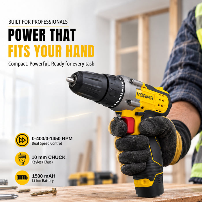 iBELL VORMIR VR CD12-45 Cordless Drill Driver, 12V, 0-400/0-1450 rpm, 25Nm Torque, 10 mm Chuck, 2 x 1500mAh Li-Ion Batteries, Fast Charger, 1 Hour Charging, 22 Accessories in BMC Box, Compact Design