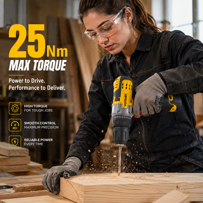 iBELL VORMIR VR CD12-45 Cordless Drill Driver, 12V, 0-400/0-1450 rpm, 25Nm Torque, 10 mm Chuck, 2 x 1500mAh Li-Ion Batteries, Fast Charger, 1 Hour Charging, 22 Accessories in BMC Box, Compact Design