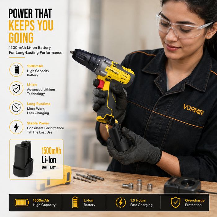 iBELL VORMIR VR CD12-45 Cordless Drill Driver, 12V, 0-400/0-1450 rpm, 25Nm Torque, 10 mm Chuck, 2 x 1500mAh Li-Ion Batteries, Fast Charger, 1 Hour Charging, 22 Accessories in BMC Box, Compact Design