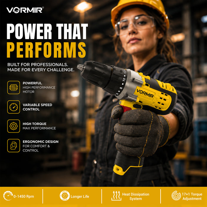 iBELL VORMIR VR CD12-46 Cordless Drill Driver, 12V, 0-400/0-1450 rpm, 25Nm Torque, 10 mm Chuck, 2 x 1500mAh Li-Ion Batteries, Fast Charger, 1 Hour Charging, Compact Design