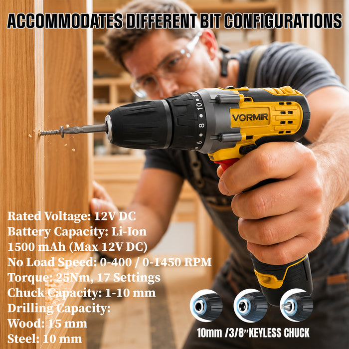 iBELL VORMIR VR CD12-46 Cordless Drill Driver, 12V, 0-400/0-1450 rpm, 25Nm Torque, 10 mm Chuck, 2 x 1500mAh Li-Ion Batteries, Fast Charger, 1 Hour Charging, Compact Design