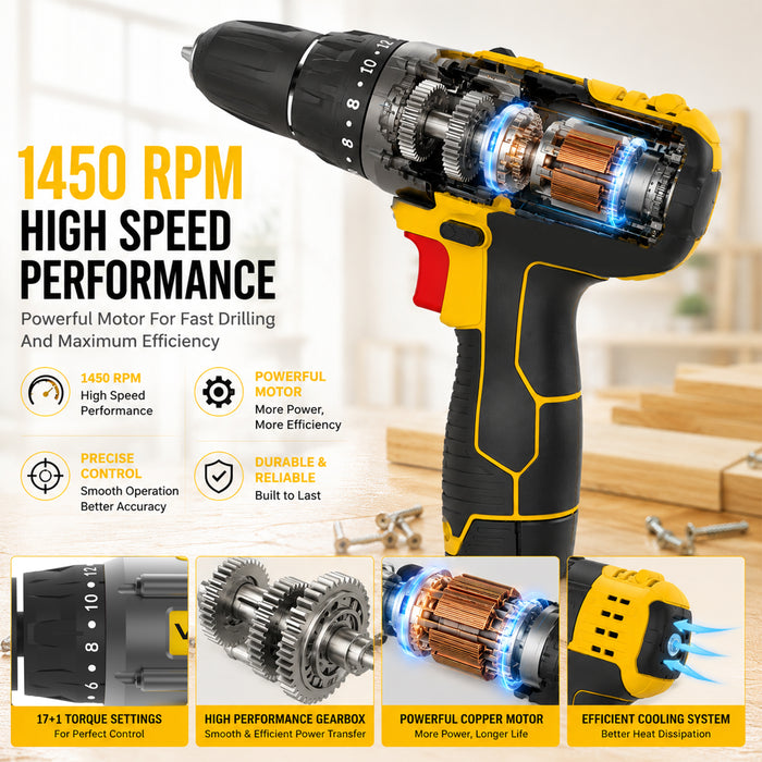 iBELL VORMIR VR CD12-46 Cordless Drill Driver, 12V, 0-400/0-1450 rpm, 25Nm Torque, 10 mm Chuck, 2 x 1500mAh Li-Ion Batteries, Fast Charger, 1 Hour Charging, Compact Design