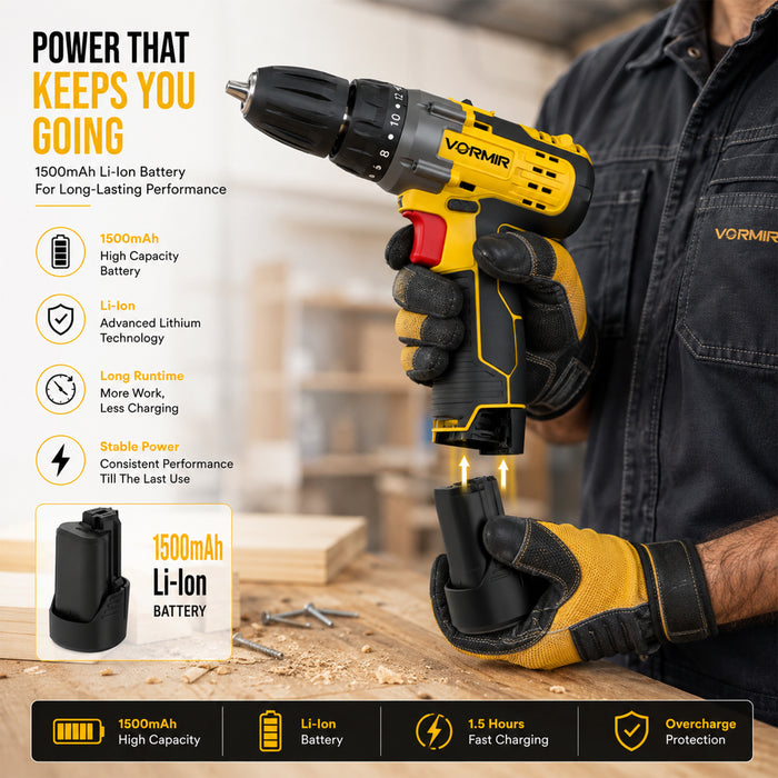 iBELL VORMIR VR CD12-46 Cordless Drill Driver, 12V, 0-400/0-1450 rpm, 25Nm Torque, 10 mm Chuck, 2 x 1500mAh Li-Ion Batteries, Fast Charger, 1 Hour Charging, Compact Design