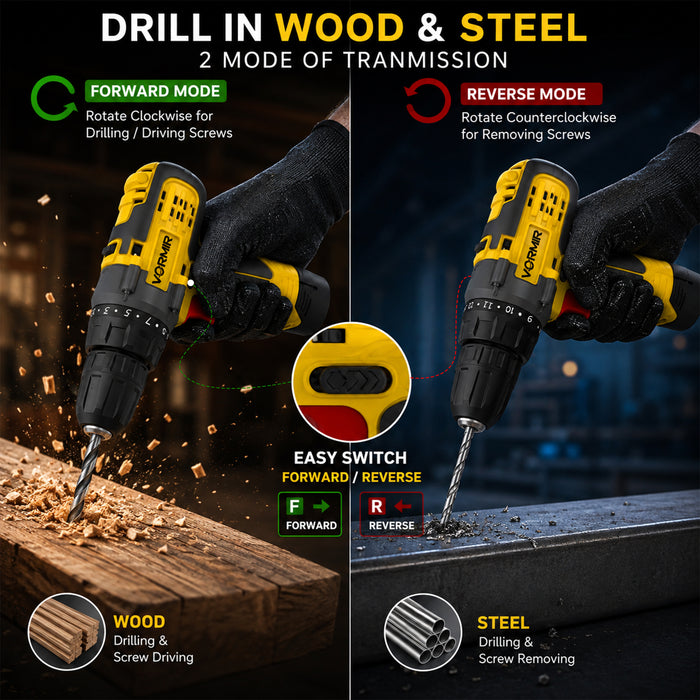 iBELL VORMIR VR CD12-46 Cordless Drill Driver, 12V, 0-400/0-1450 rpm, 25Nm Torque, 10 mm Chuck, 2 x 1500mAh Li-Ion Batteries, Fast Charger, 1 Hour Charging, Compact Design