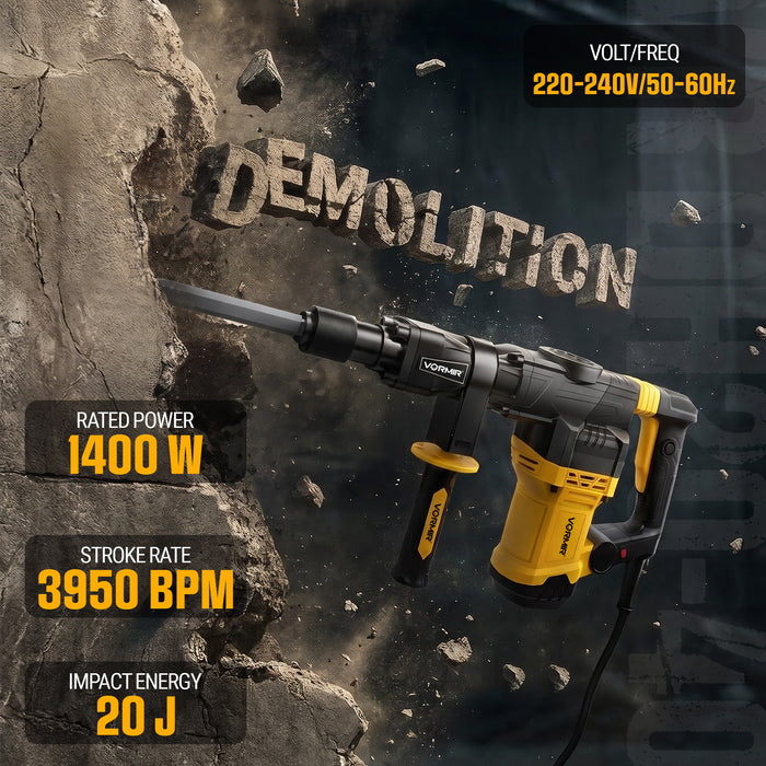 VORMIR VR DH20-40 1400W Demolition Hammer with Active Vibration Control, 20J Impact Energy, 3950 BPM, 17mm Chuck, Electric Concrete Breaker for Heavy-Duty Demolition, 6 Months Warranty
