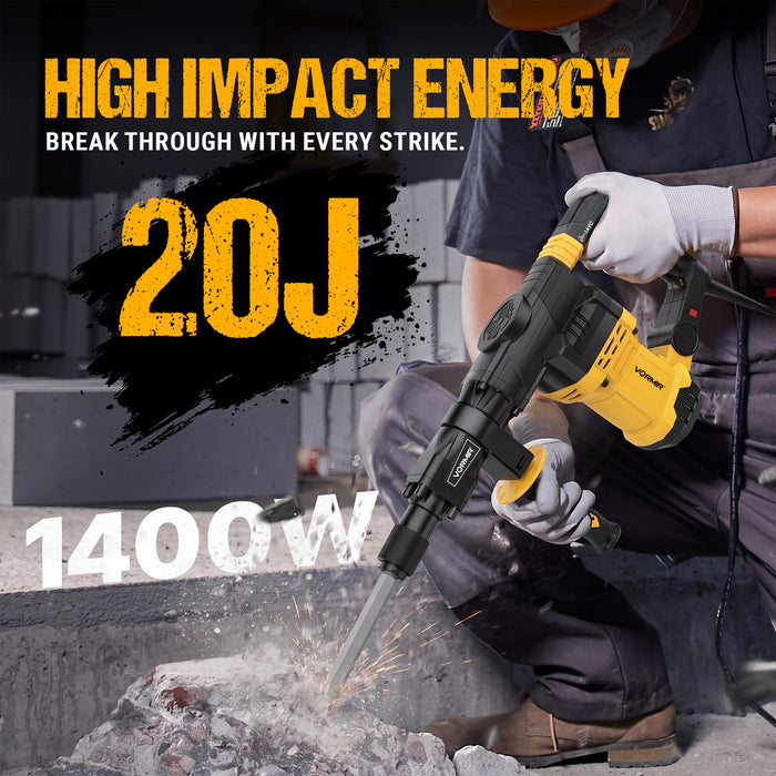 VORMIR VR DH20-40 1400W Demolition Hammer with Active Vibration Control, 20J Impact Energy, 3950 BPM, 17mm Chuck, Electric Concrete Breaker for Heavy-Duty Demolition, 6 Months Warranty