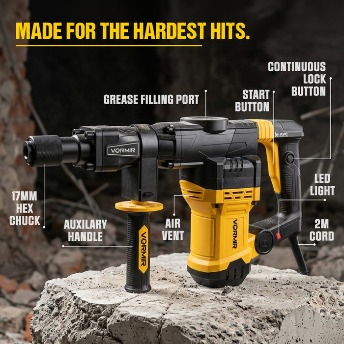VORMIR VR DH20-40 1400W Demolition Hammer with Active Vibration Control, 20J Impact Energy, 3950 BPM, 17mm Chuck, Electric Concrete Breaker for Heavy-Duty Demolition, 6 Months Warranty