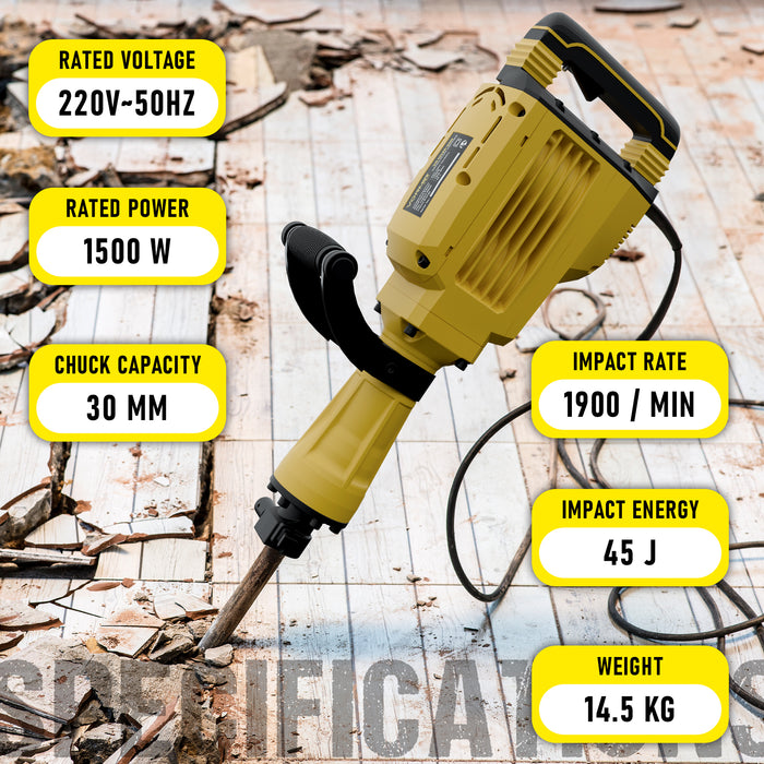 iBELL VORMIR DH45-20 Electric Demolition Hammer – 1500W Copper Armature Motor, 30mm HEX Chuck, 45J Impact Energy, 1900 BPM, Anti-Vibration Handle – Heavy Duty Concrete & Masonry Breaker – 6 Months Warranty