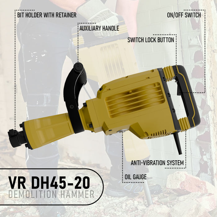 iBELL VORMIR DH45-20 Electric Demolition Hammer – 1500W Copper Armature Motor, 30mm HEX Chuck, 45J Impact Energy, 1900 BPM, Anti-Vibration Handle – Heavy Duty Concrete & Masonry Breaker – 6 Months Warranty