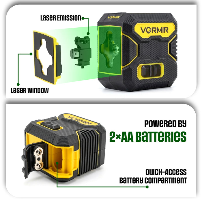 VORMIR VR LL2-52 Professional Line Laser Level | 520nm Green Laser | 1H+1V Cross Line | ±3° Self-Leveling | ±1mm Accuracy at 40m | Pulse Mode | 3 Brightness Settings | 2×AA, 12 Months Warranty