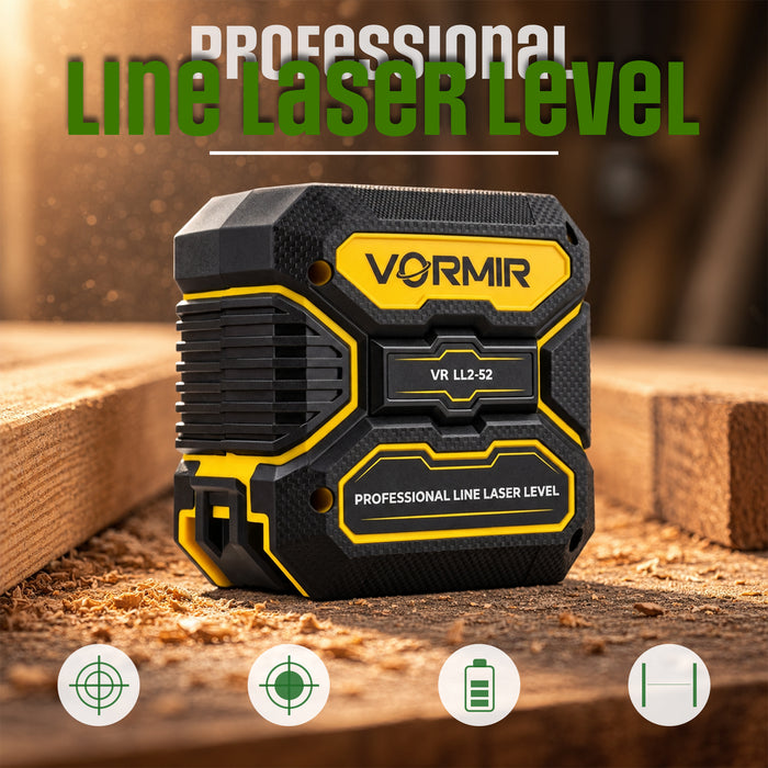 VORMIR VR LL2-52 Professional Line Laser Level | 520nm Green Laser | 1H+1V Cross Line | ±3° Self-Leveling | ±1mm Accuracy at 40m | Pulse Mode | 3 Brightness Settings | 2×AA, 12 Months Warranty