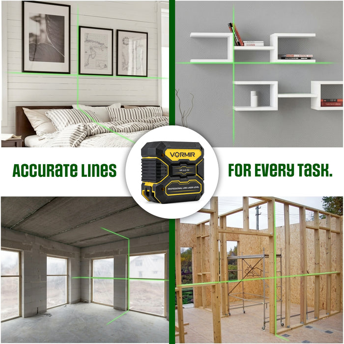 VORMIR VR LL2-52 Professional Line Laser Level | 520nm Green Laser | 1H+1V Cross Line | ±3° Self-Leveling | ±1mm Accuracy at 40m | Pulse Mode | 3 Brightness Settings | 2×AA, 12 Months Warranty