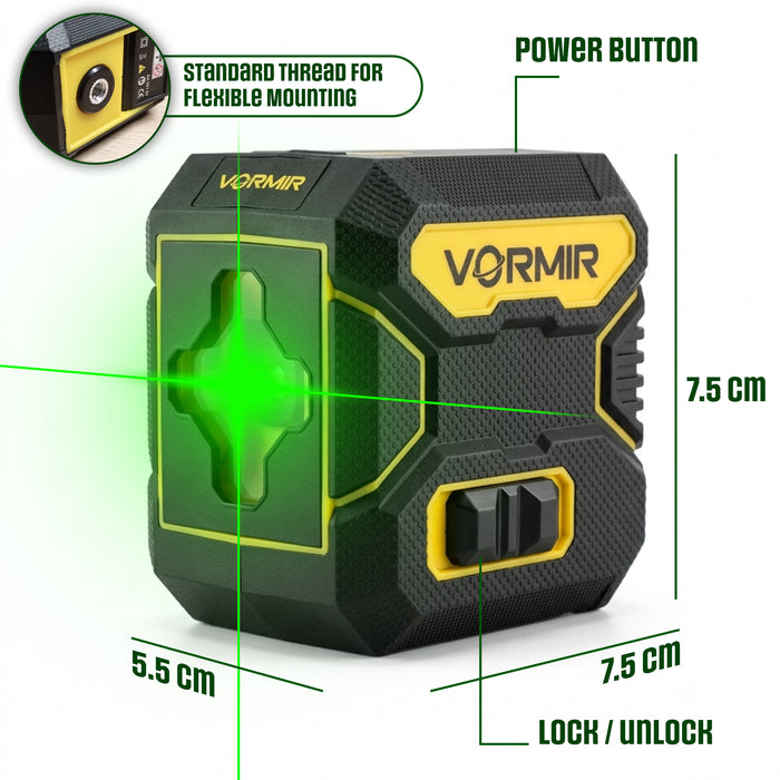 VORMIR VR LL2-52 Professional Line Laser Level | 520nm Green Laser | 1H+1V Cross Line | ±3° Self-Leveling | ±1mm Accuracy at 40m | Pulse Mode | 3 Brightness Settings | 2×AA, 12 Months Warranty