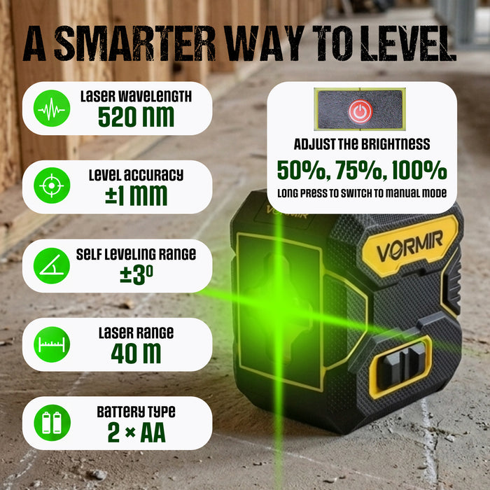VORMIR VR LL2-52 Professional Line Laser Level | 520nm Green Laser | 1H+1V Cross Line | ±3° Self-Leveling | ±1mm Accuracy at 40m | Pulse Mode | 3 Brightness Settings | 2×AA, 12 Months Warranty