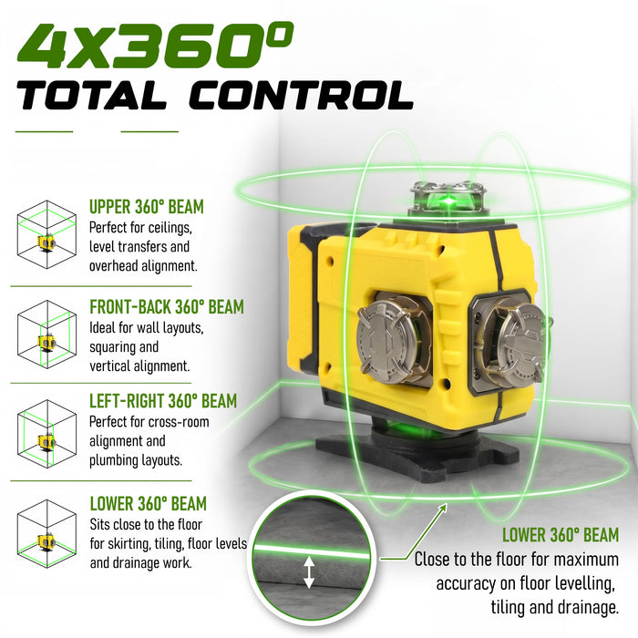 VORMIR VR LL6-16 Professional Line Laser Level, 8 Horizontal & 8 Vertical Laser Lines, 515nm Green Laser, ±3° Auto Compensation, 40m Working Range, ±1mm/7m Accuracy, Large Capacity Lithium Battery, 12 Months Warranty