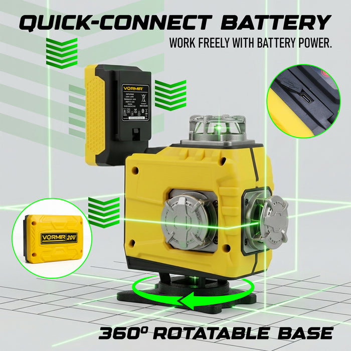 VORMIR VR LL6-16 Professional Line Laser Level, 8 Horizontal & 8 Vertical Laser Lines, 515nm Green Laser, ±3° Auto Compensation, 40m Working Range, ±1mm/7m Accuracy, Large Capacity Lithium Battery, 12 Months Warranty