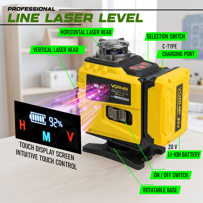 VORMIR VR LL6-16 Professional Line Laser Level, 8 Horizontal & 8 Vertical Laser Lines, 515nm Green Laser, ±3° Auto Compensation, 40m Working Range, ±1mm/7m Accuracy, Large Capacity Lithium Battery, 12 Months Warranty