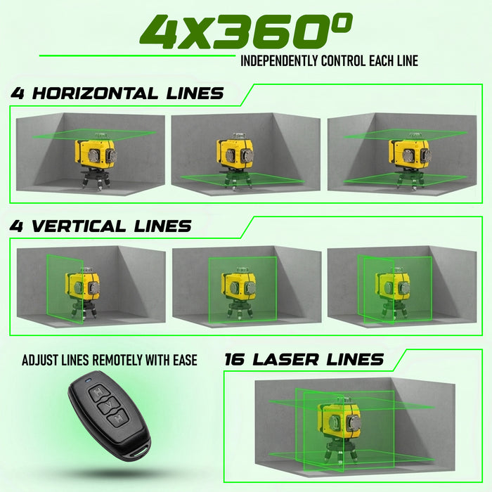 VORMIR VR LL6-16 Professional Line Laser Level, 8 Horizontal & 8 Vertical Laser Lines, 515nm Green Laser, ±3° Auto Compensation, 40m Working Range, ±1mm/7m Accuracy, Large Capacity Lithium Battery, 12 Months Warranty