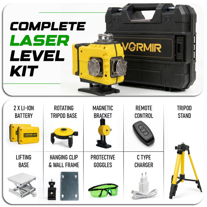 VORMIR VR LL6-16 Professional Line Laser Level, 8 Horizontal & 8 Vertical Laser Lines, 515nm Green Laser, ±3° Auto Compensation, 40m Working Range, ±1mm/7m Accuracy, Large Capacity Lithium Battery, 12 Months Warranty