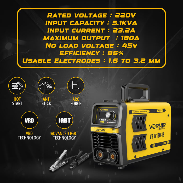 iBELL VORMIR VR M180-12 Inverter MMA Welding Machine (Home/DIY) 180A with Hot Start, Anti-Stick Functions