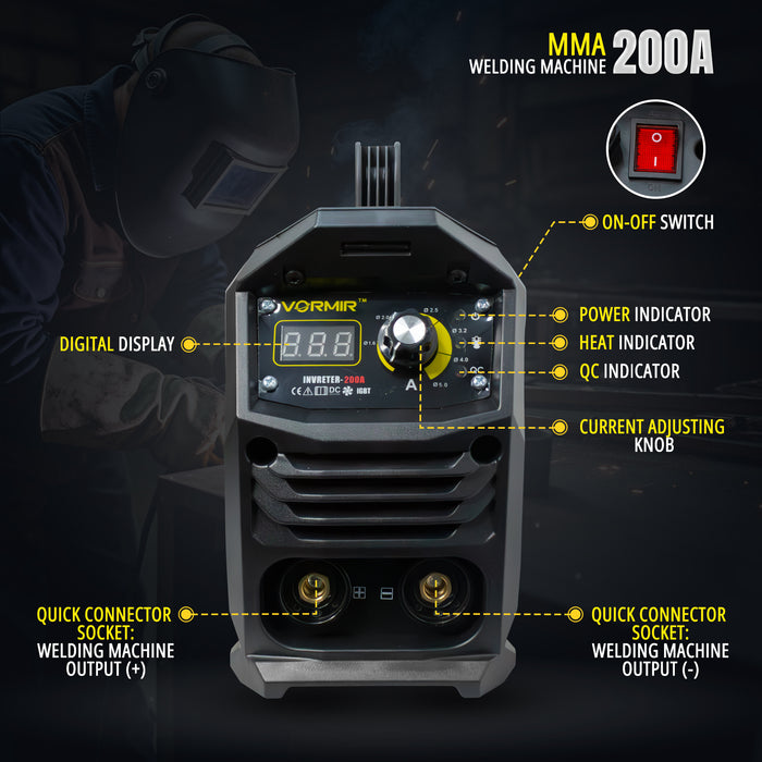 VORMIR M200-90 Inverter ARC Welding Machine (IGBT) 200A with Hot Start, Anti-Stick Functions, Arc Force Control – 1-Year Warranty – with Minor Body Scratches