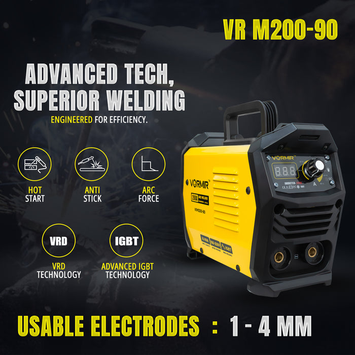 VORMIR M200-90 Inverter ARC Welding Machine (IGBT) 200A with Hot Start, Anti-Stick Functions, Arc Force Control – 1-Year Warranty – with Minor Body Scratches