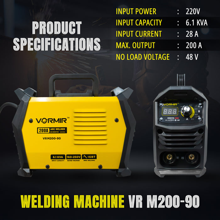 VORMIR M200-90 Inverter ARC Welding Machine (IGBT) 200A with Hot Start, Anti-Stick Functions, Arc Force Control – 1-Year Warranty – with Minor Body Scratches