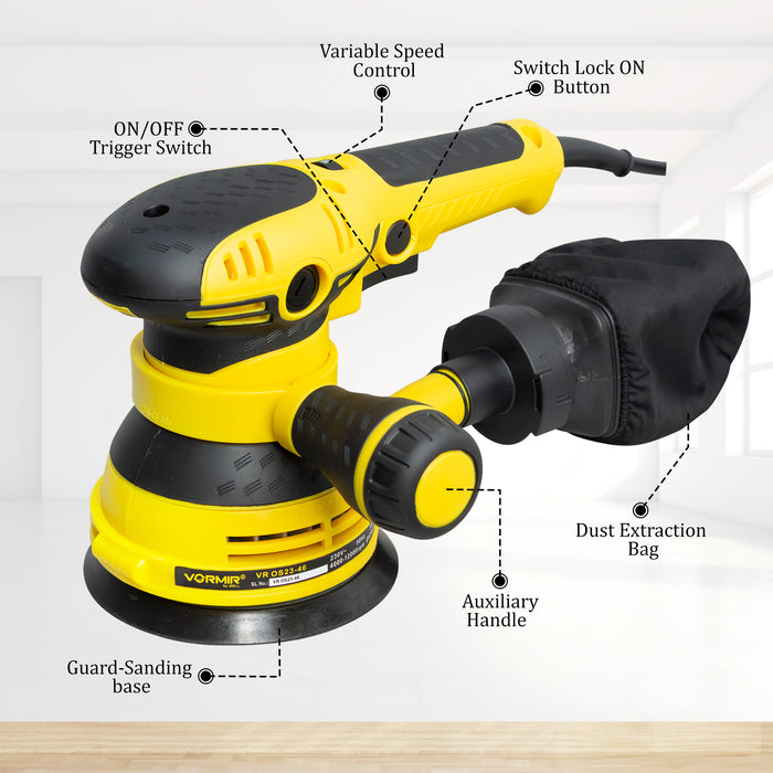 VORMIR Orbital Sander VR OS23-46, Random Orbital Sander 300W, Copper Armature, 125mm Disc, 12000RPM, Variable Speed, Dust Collection – Corded Electric Sanding Machine for Wood, Metal, Plastic & Paint Removal