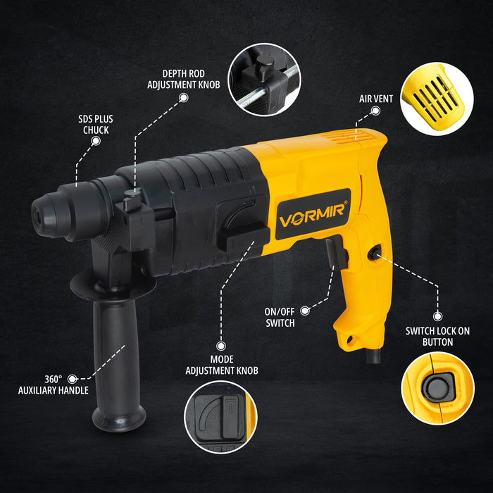 IBELL VORMIR Rotary Hammer Drill VR RH20-23, 500W, Copper Armature, 850RPM, Speed 3900/min, SDS Plus Chuck 20mm, 1.5J with Accessories