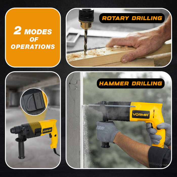 IBELL VORMIR Rotary Hammer Drill VR RH20-23, 500W, Copper Armature, 850RPM, Speed 3900/min, SDS Plus Chuck 20mm, 1.5J with Accessories