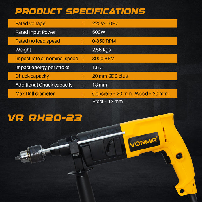 IBELL VORMIR Rotary Hammer Drill VR RH20-23, 500W, Copper Armature, 850RPM, Speed 3900/min, SDS Plus Chuck 20mm, 1.5J with Accessories