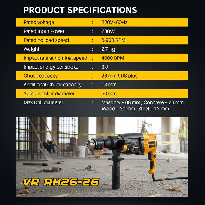 IBELL VORMIR Rotary Hammer Drill VR RH26-26, SDS Plus Chuck 26mm, 780W, Copper Armature, 900RPM, Speed 4000/min, Impact Energy 3J
