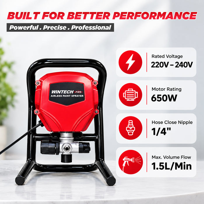 WINTECH PRO WT AS65-15 Airless Paint Sprayer, 650W Electric High Pressure Spray Gun, 1000–3000 PSI, 1.5L/Min Flow Rate, 220–240V, 1/4" Hose Connection for Walls & Furniture, 6 Months Warranty