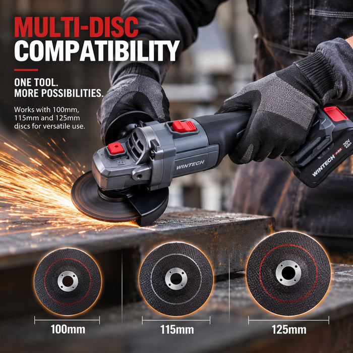 WINTECH PRO WT BA21-85 Cordless Angle Grinder 20V DC, 800W Max Power, Brushless Motor, 0–8500 RPM, 125mm Disc, M14 Spindle, Electric Grinder for Cutting, Grinding, Deburring & Polishing