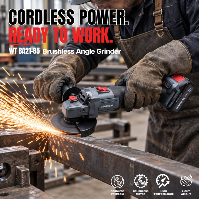 WINTECH PRO WT BA21-85 Cordless Angle Grinder 20V DC, 800W Max Power, Brushless Motor, 0–8500 RPM, 125mm Disc, M14 Spindle, Electric Grinder for Cutting, Grinding, Deburring & Polishing