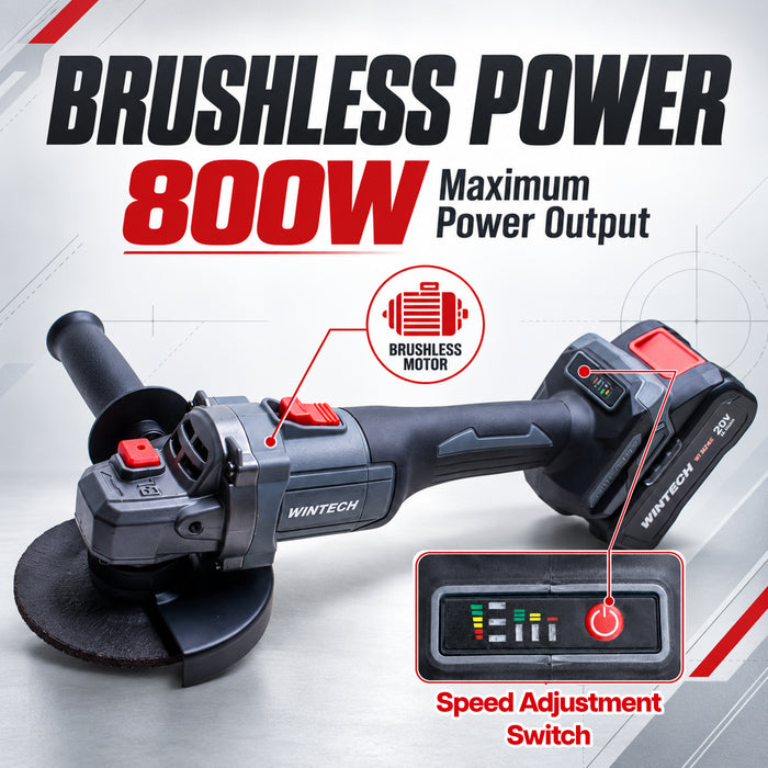 WINTECH PRO WT BA21-85 Cordless Angle Grinder 20V DC, 800W Max Power, Brushless Motor, 0–8500 RPM, 125mm Disc, M14 Spindle, Electric Grinder for Cutting, Grinding, Deburring & Polishing