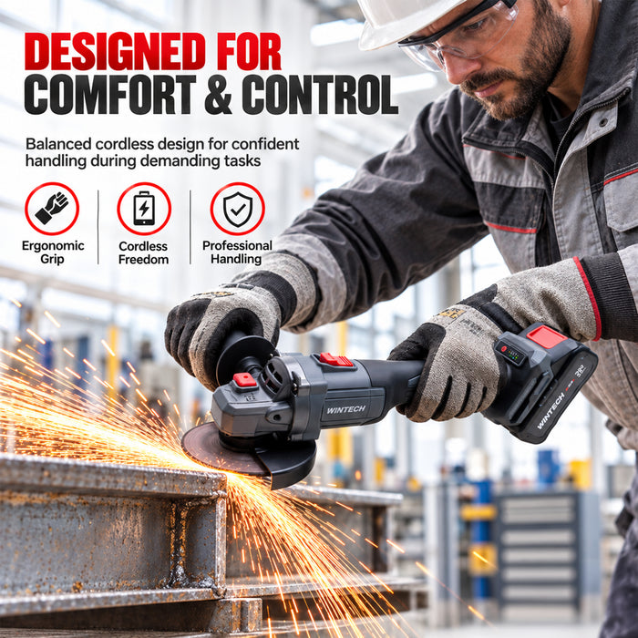 WINTECH PRO WT BA21-85 Cordless Angle Grinder 20V DC, 800W Max Power, Brushless Motor, 0–8500 RPM, 125mm Disc, M14 Spindle, Electric Grinder for Cutting, Grinding, Deburring & Polishing