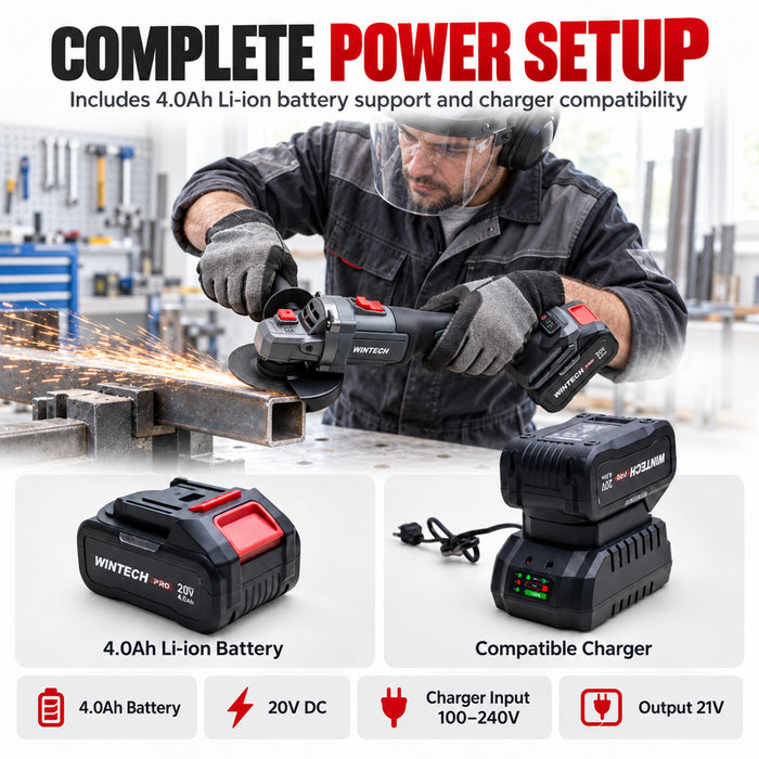 WINTECH PRO WT BA21-85 Cordless Angle Grinder 20V DC, 800W Max Power, Brushless Motor, 0–8500 RPM, 125mm Disc, M14 Spindle, Electric Grinder for Cutting, Grinding, Deburring & Polishing