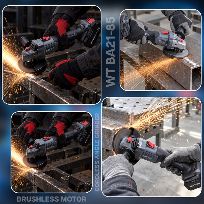 WINTECH PRO WT BA21-85 Cordless Angle Grinder 20V DC, 800W Max Power, Brushless Motor, 0–8500 RPM, 125mm Disc, M14 Spindle, Electric Grinder for Cutting, Grinding, Deburring & Polishing