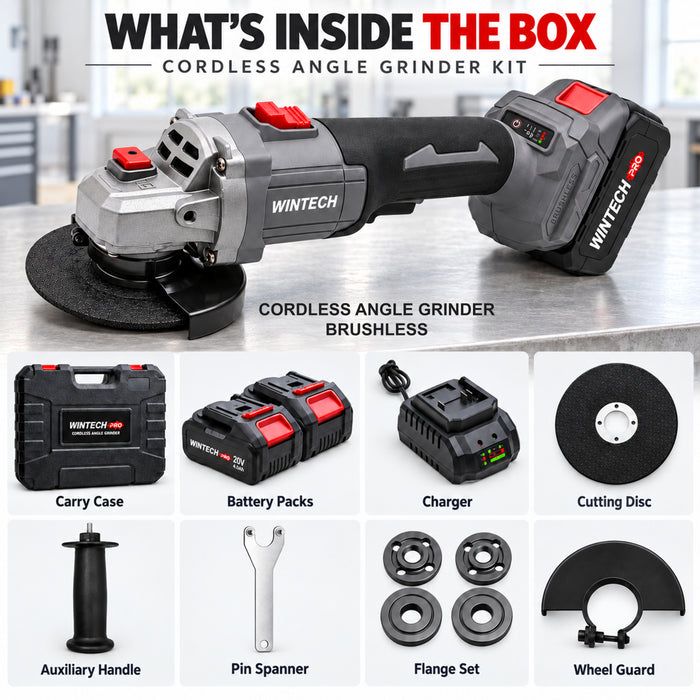 WINTECH PRO WT BA21-85 Cordless Angle Grinder 20V DC, 800W Max Power, Brushless Motor, 0–8500 RPM, 125mm Disc, M14 Spindle, Electric Grinder for Cutting, Grinding, Deburring & Polishing