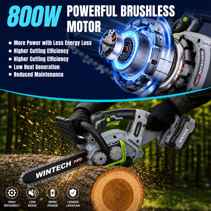 WINTECH PRO WT BS18-12 Cordless Chainsaw Brushless 21V | 800W Motor | 12-Inch Guide Bar | 13m/s Chain Speed | 5780RPM Electric Chainsaw with Automatic Chain Lubrication