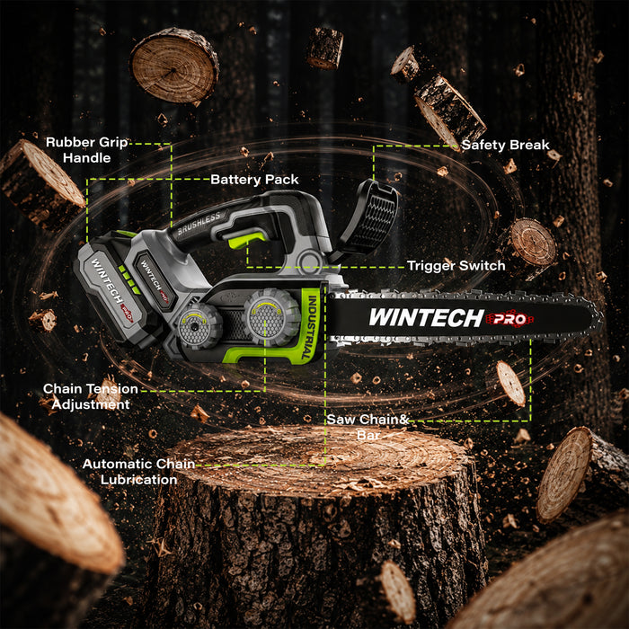 WINTECH PRO WT BS18-12 Cordless Chainsaw Brushless 21V | 800W Motor | 12-Inch Guide Bar | 13m/s Chain Speed | 5780RPM Electric Chainsaw with Automatic Chain Lubrication