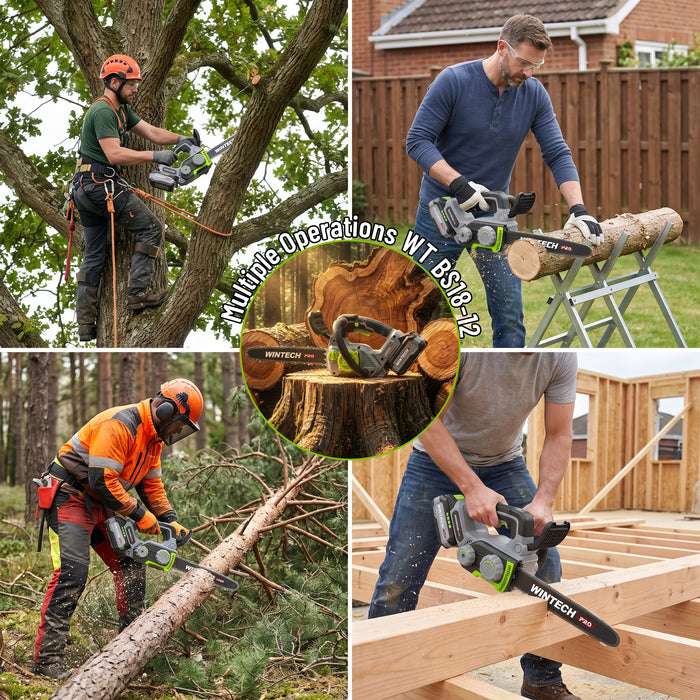 WINTECH PRO WT BS18-12 Cordless Chainsaw Brushless 21V | 800W Motor | 12-Inch Guide Bar | 13m/s Chain Speed | 5780RPM Electric Chainsaw with Automatic Chain Lubrication