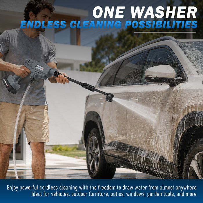 WINTECH PRO 20V Cordless High Pressure Washer, 24 Bar Max Pressure, 3.3L/Min Flow Rate, 2 x 2.0Ah Li-Ion Batteries & Fast Charger, for Car, Fence, Patio, Deck & Bike Cleaning, 6 Months Warranty
