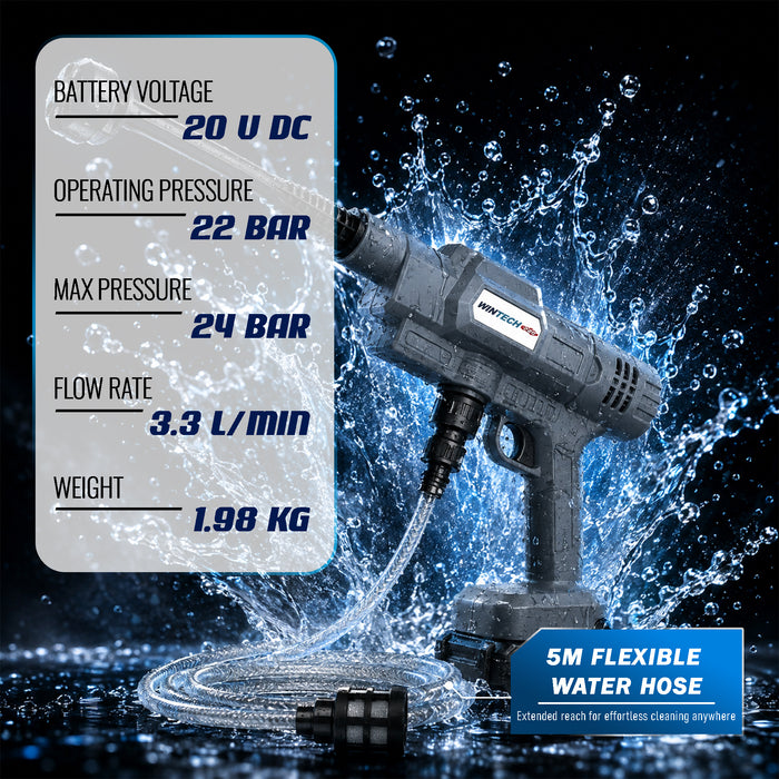 WINTECH PRO 20V Cordless High Pressure Washer, 24 Bar Max Pressure, 3.3L/Min Flow Rate, 2 x 2.0Ah Li-Ion Batteries & Fast Charger, for Car, Fence, Patio, Deck & Bike Cleaning, 6 Months Warranty