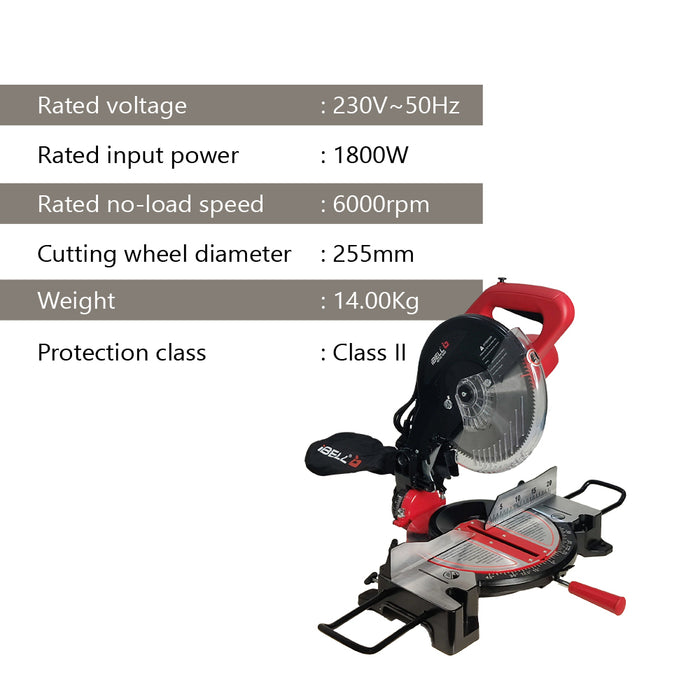iBELL MS25-18 ,1800W  10 Inch Compound Mitre Saw 6000 RPM With Adjustable Angles & for Heavy-Duty Performance