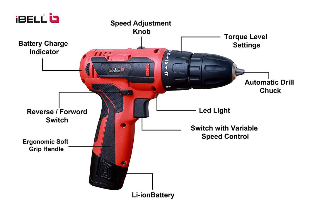 iBELL Cordless Driver Drill CD12-74, 12-Volts (2 Battery+BMC Box+Extra 2 Sides Screw Driver Head)