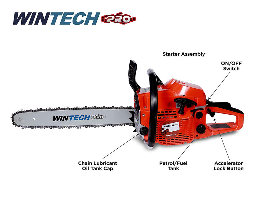 WINTECH PRO Gasoline Chain Saw 58CC Professional Quality, Powerful 2 Stroke Engine, Air Cooled, 18" Guide bar Chain, 3000 RPM