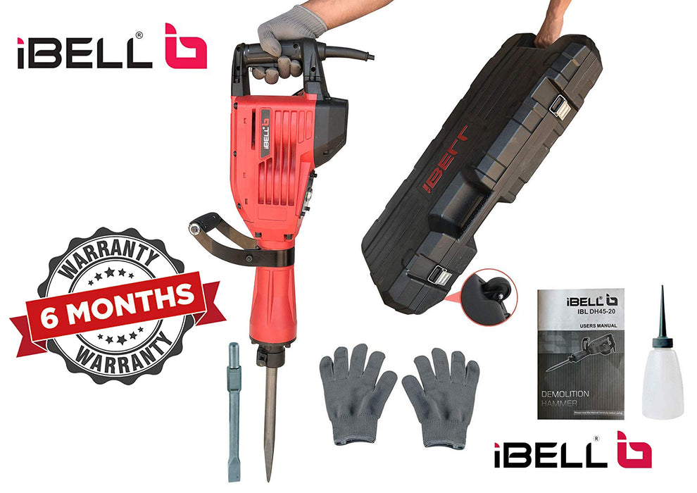iBELL DH45-20 Demolition Hammer 30MM Heavy Duty Concrete Breaker 1900 BPM - Jack Hammer Demolition Drills with Flat and Bull Point Chisel - 6 Months Warranty