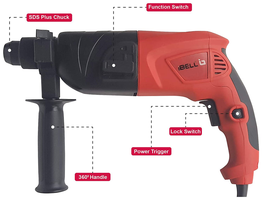 iBELL RH20-25, SDS-Plus, 20MM, 500W Heavy Duty Rotary Hammer Drill, Safety Clutch 2 Functions with Vibration Control, Chisels and Drill Bits with Case - 6 Months Warranty